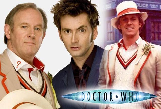 Peter Davison and David Tennant in Time Crash, and Davison as The Doctor in the 1980s.