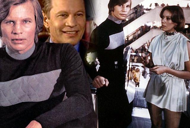 Michael York as Logan in Logan's Run (1976) and (inset) as Basil Exposition in the Austin Powers films.