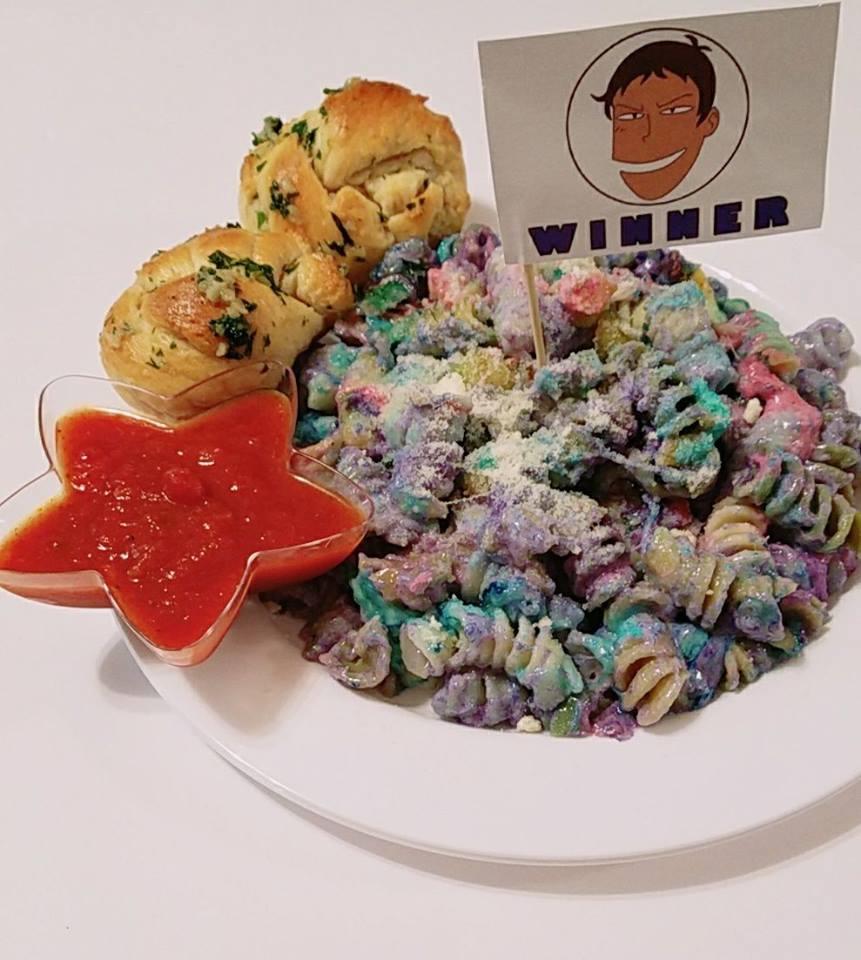 Garlic knot, and fusili that looks like it's been thrown up by a unicorn