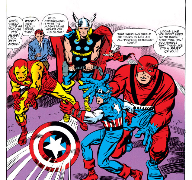 Cap using a magnet device on his glove to help control his shield in Marvel Comics