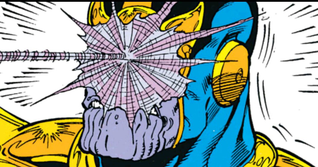 Thanos with Spider-Man web in his face in Marvel Comics