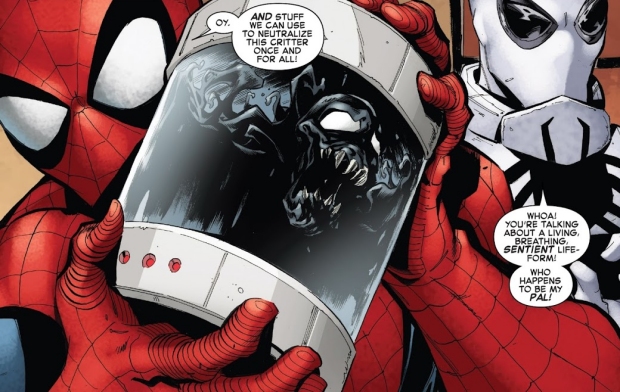 Spider-Man holding the Venom symbiote