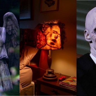 A weeping angel from the Doctor Who episode "Blink," a lamp made of human skin from the It: Welcome to Derry episode "Pilot," and a Gentleman from the Buffy the Vampire Slayer episode "Hush."