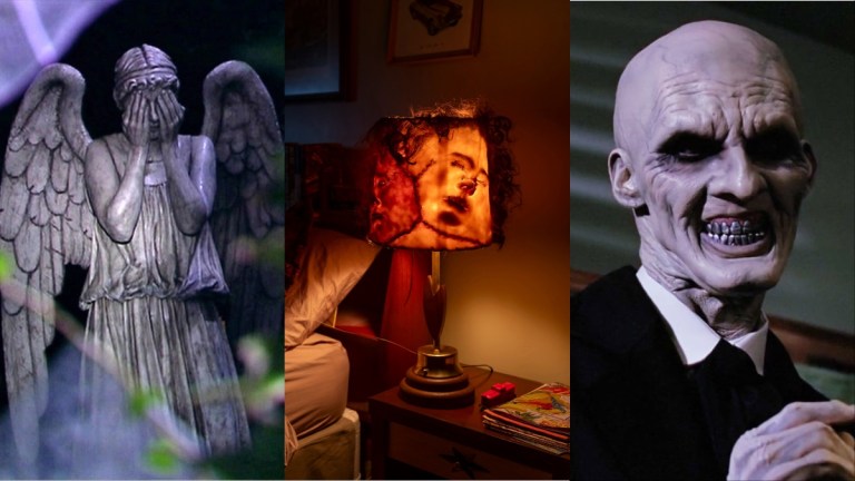 A weeping angel from the Doctor Who episode "Blink," a lamp made of human skin from the It: Welcome to Derry episode "Pilot," and a Gentleman from the Buffy the Vampire Slayer episode "Hush."
