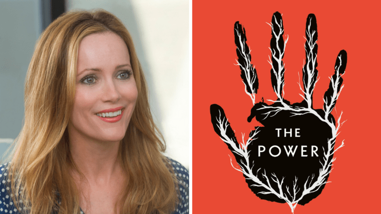 Actress Leslie Mann and the Cover of Naomi Alderman's Book The Power