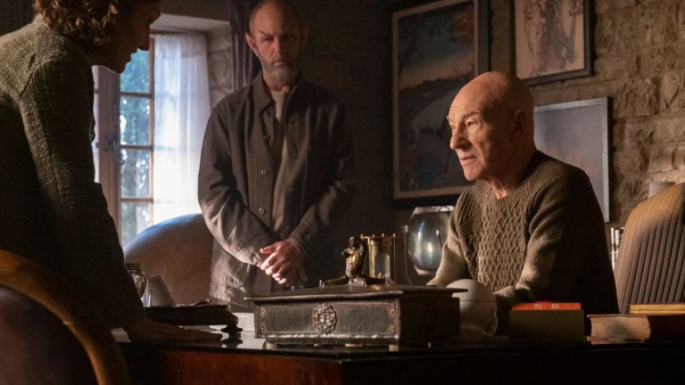 Orla Brady, Jamie McShane, and Patrick Stewart in Star Trek: Picard Episode 2