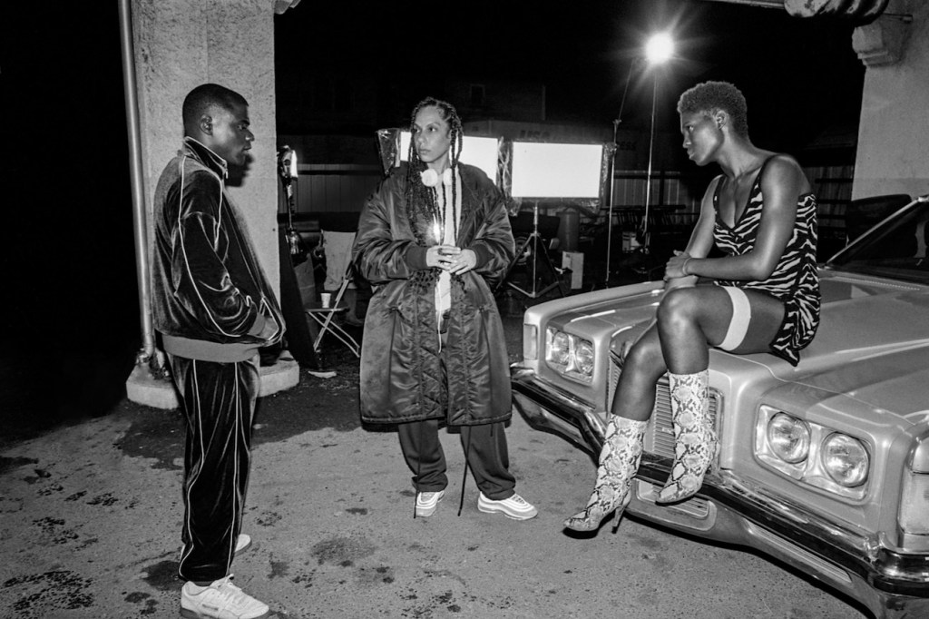 (from left) Daniel Kaluuya, director Melina Matsoukas and Jodie Turner-Smith on the set of Queen & Slim.
