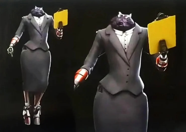 Thor: Love and Thunder concept art of Miek in a business skirt