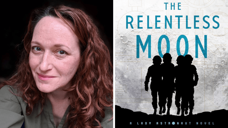 A picture of author Mary Robinette Kowal and the cover of her book The Relentless Moon