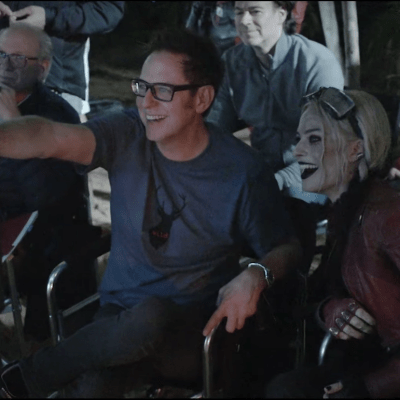 Margot Robbie as Harley Quinn and James Gunn in The Suicide Squad, directed by James Gunn