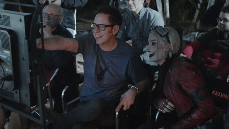 Margot Robbie as Harley Quinn and James Gunn in The Suicide Squad, directed by James Gunn