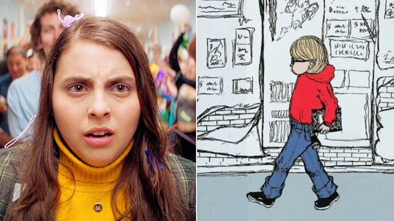 Beanie Feldstein in Booksmart; Harriet the Spy book cover