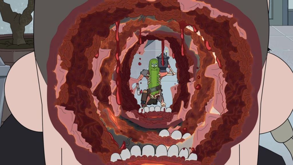 Pickle Rick shot through the heads of three of his enemies