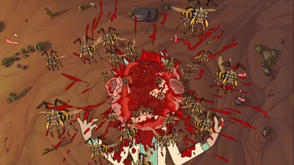 Rick-wasps hatches en masse from Rick's face