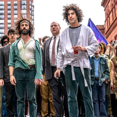 Sacha Baron Cohen and Jeremy Strong as Abbie Hoffman and Jerry Rubin in Trial of the Chicago 7