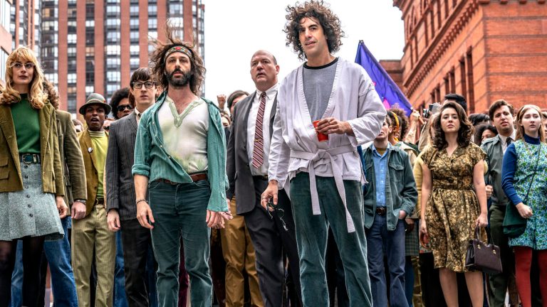 Sacha Baron Cohen and Jeremy Strong as Abbie Hoffman and Jerry Rubin in Trial of the Chicago 7