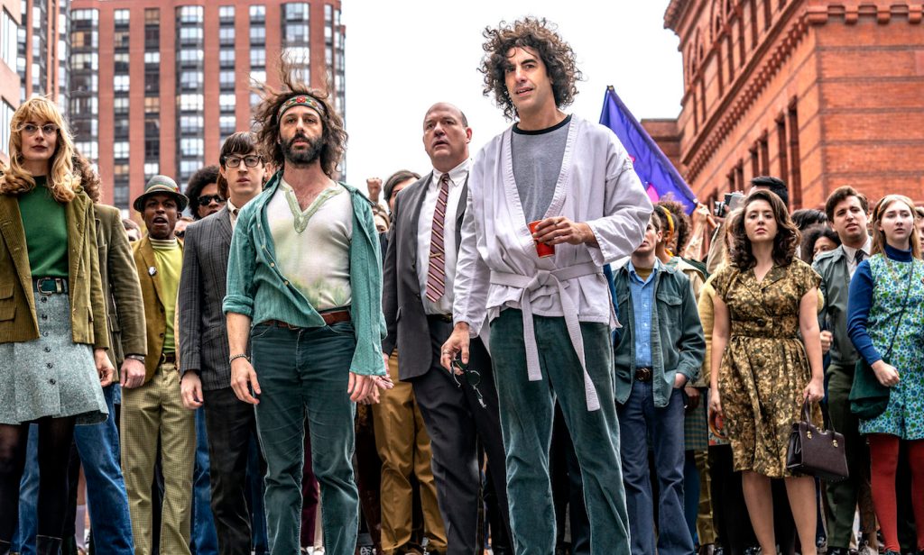 Sacha Baron Cohen and Jeremy Strong as Abbie Hoffman and Jerry Rubin in Trial of the Chicago 7
