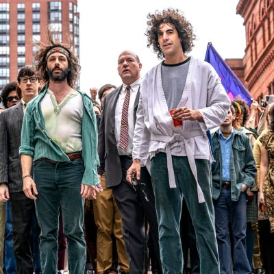 Sacha Baron Cohen and Jeremy Strong as Abbie Hoffman and Jerry Rubin in Trial of the Chicago 7