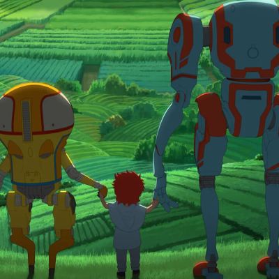 Two Robots Hold the Hands of a Human Child in Netflix's Eden