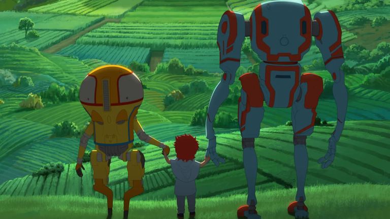 Two Robots Hold the Hands of a Human Child in Netflix's Eden