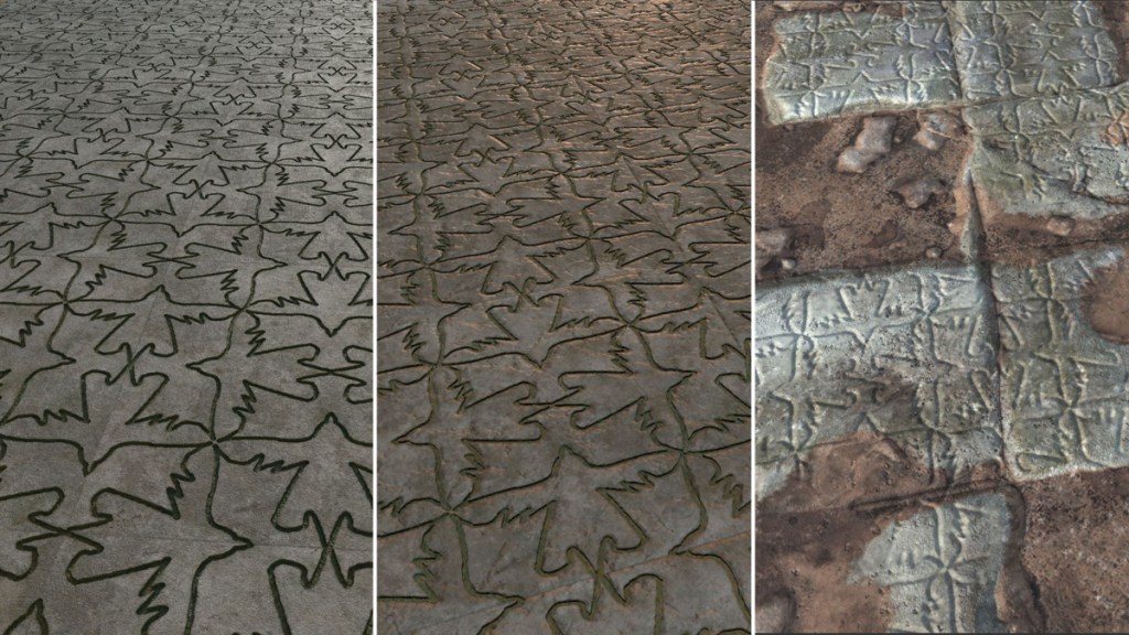 Escher-inspured interlocking magpie floor tiles.