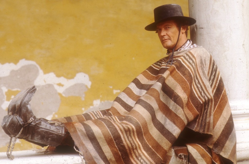 Roger Moore dressed like Clint Eastwood in Moonraker