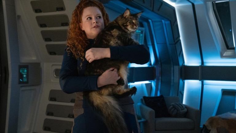 Tilly holds Grudge the cat in Star Trek: Discovery Season 3 Episode 6