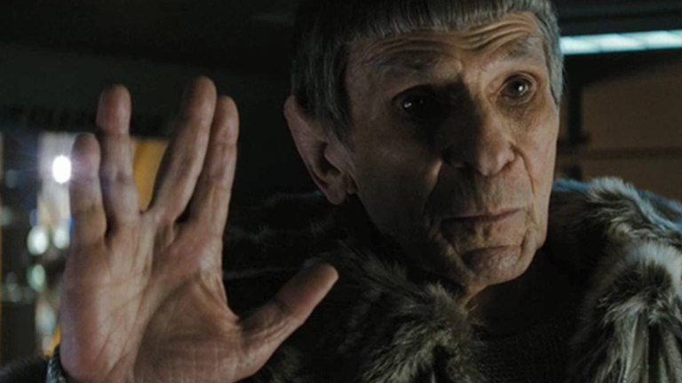 Leonard Nimoy Gives the Vulcan Salute as Spock in the 2009 Star Trek Movie