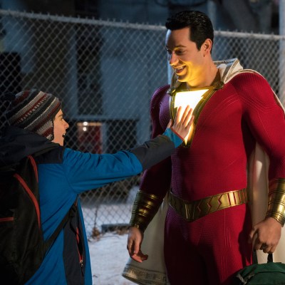 Zachary Levi as Shazam and Jack Dylan Grazer as Freddy Freeman in Shazam!