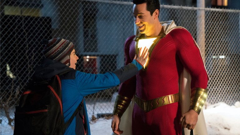 Zachary Levi as Shazam and Jack Dylan Grazer as Freddy Freeman in Shazam!