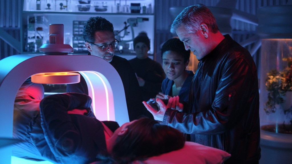 Producer Grant Heslov, Felicity Jones, Tiffany Boone and Director George Clooney on the set of The Midnight Sky