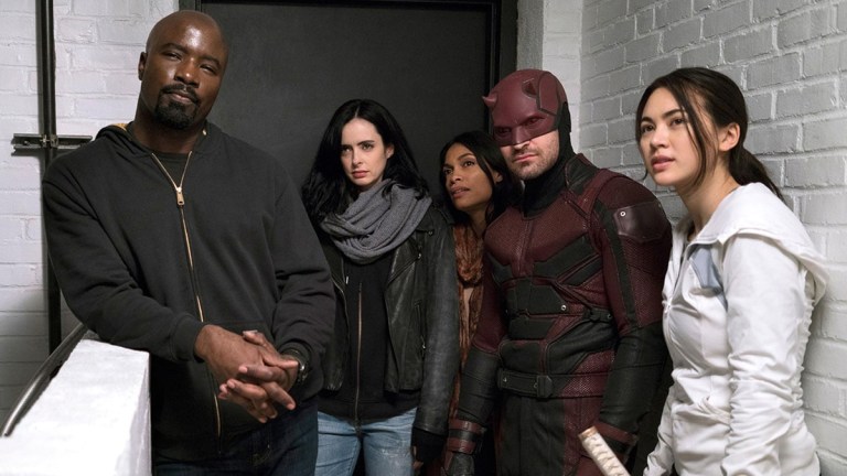 Mike Colter, Krysten Ritter, Charlie Cox, Rosario Dawson and Jessica Henwick on The Defenders