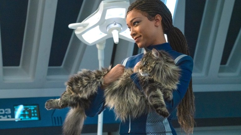 Grudge the cat and Michael Burnham, as seen on Star Trek: Discovery.