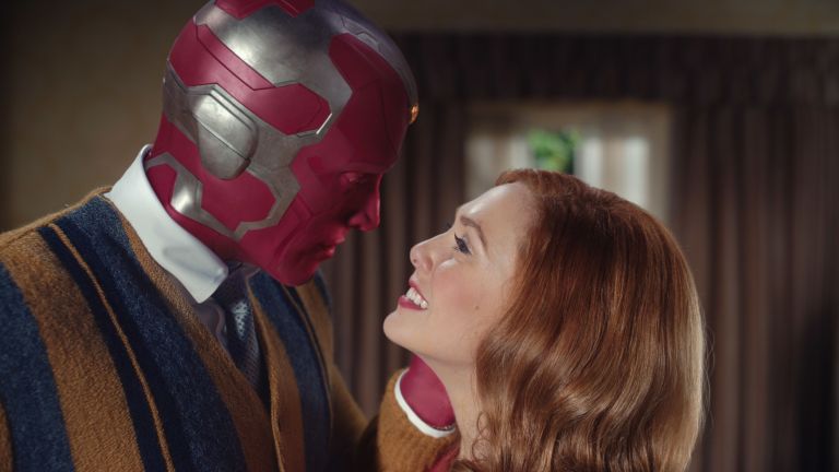 Paul Bettany as Vision and Elizabeth Olsen as Scarlet Witch in Marvel's WandaVision
