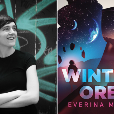 Author Everina Maxwell and the cover of her book Winter's Orbit