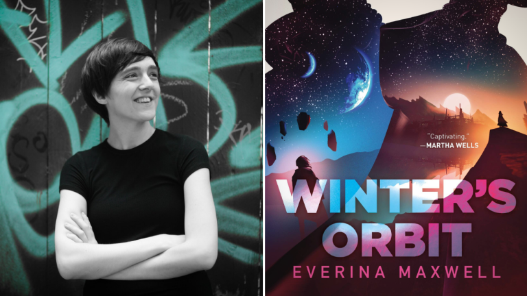 Author Everina Maxwell and the cover of her book Winter's Orbit