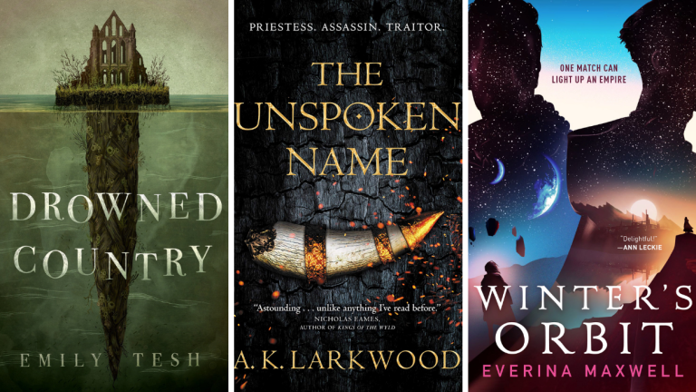 The book covers for Drowned Country, The Unspoken Name, and Winter's Orbit