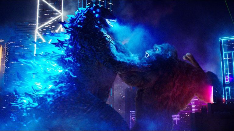 Godzilla vs Kong fight in Hong Kong at night