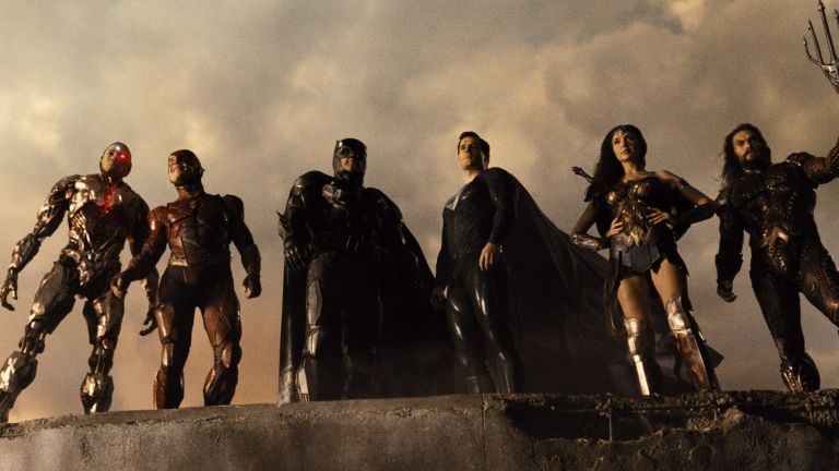 Cyborg, Flash, Batman, Superman, Wonder Woman, and Aquaman all assembled in Justice League