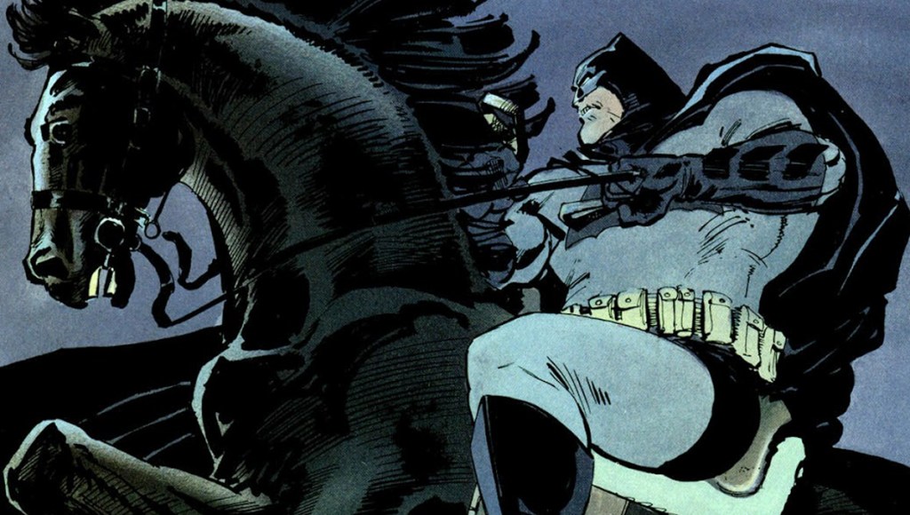 Batman a caballo en The Dark Knight Returns; Arte de Frank Miller.