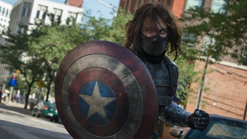 Bucky holding the shield in Captain America: The Winter Soldier