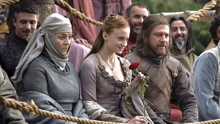 Game of Thrones: Sophie Turner as Sansa Stark, Sean Bean as Ned Stark.