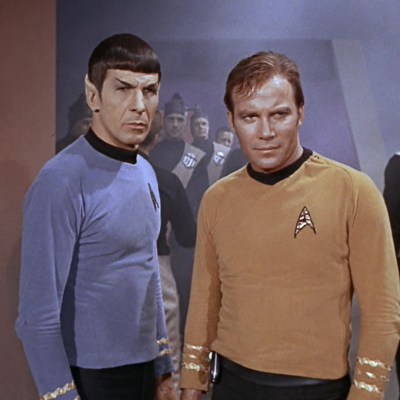 Spock and Kirk stand together in Star Trek's "A Taste of Armageddon"