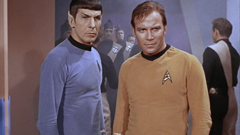 Spock and Kirk stand together in Star Trek's "A Taste of Armageddon"