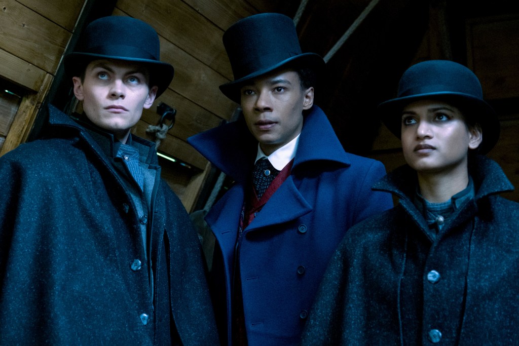 Kaz, Jesper, and Inej in hats