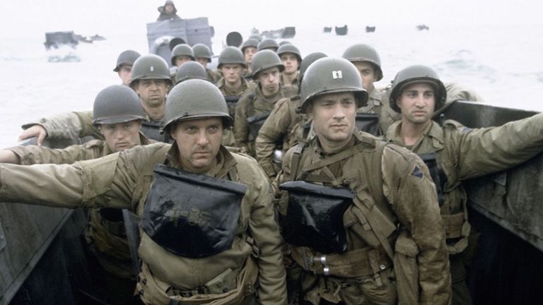 Tom Hanks and Tom Sizemore in D-Day boat in Saving Private Ryan