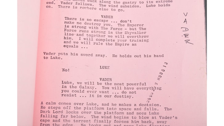 A Page From David Prowse's Darth Vader Script From Star Wars; The Empire Strikes Bacl
