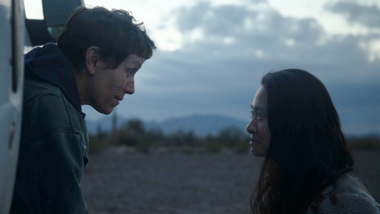 Frances McDormand and Chloe Zhao on the set of Nomadland