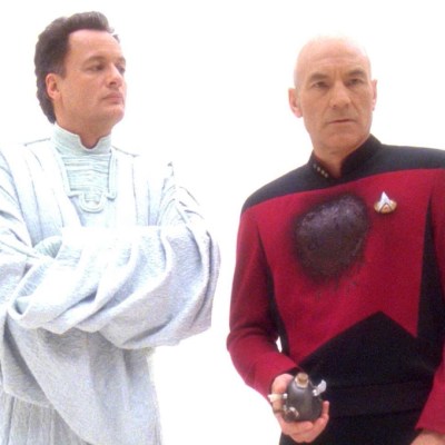 John de Lancie as Q, Patrick Stewart as Picard in Star Trek: The Next Generation, "Tapestry."