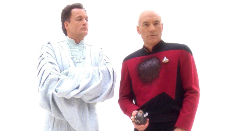 John de Lancie as Q, Patrick Stewart as Picard in Star Trek: The Next Generation, "Tapestry."